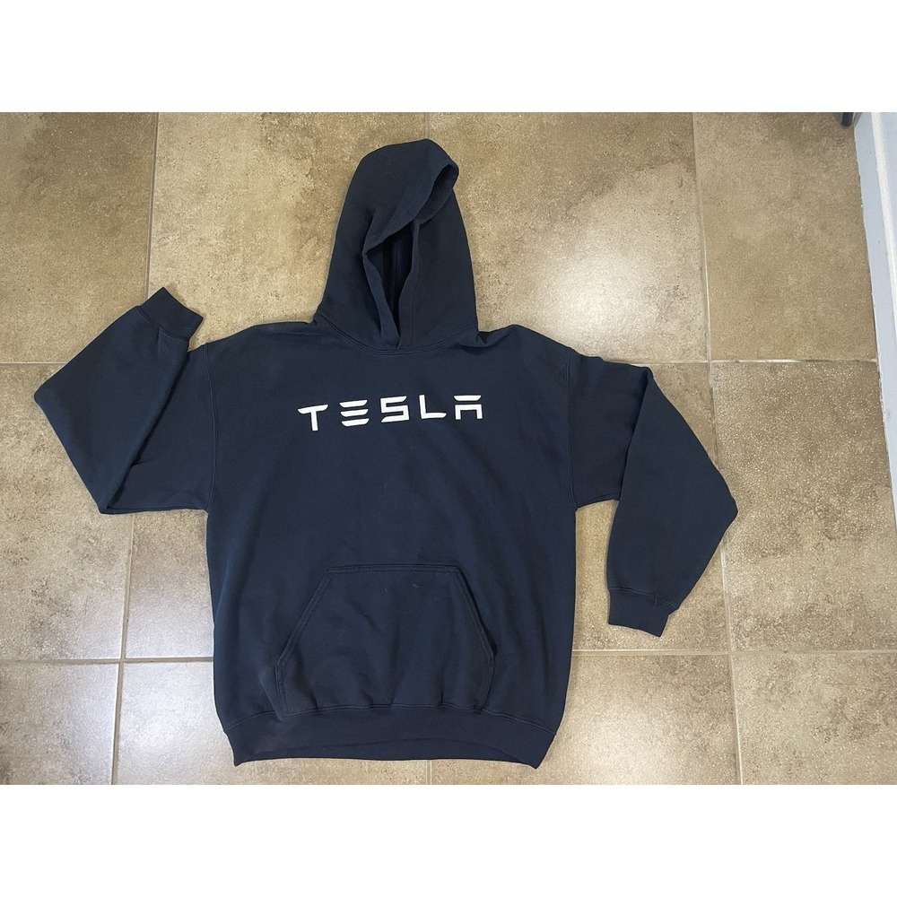 Tesla Men's Sz L Black Pullover Fleece Hoodie Logo Sweatshirt Cotton Blend